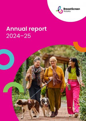 Cover page of BSV's Annual Report 2024-25 with an image of three women walking 2 dogs
