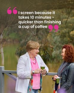 A person speaking to another lady near a lake, saying I screen because it takes 10 minutes - quicker than finishing a cup of coffee